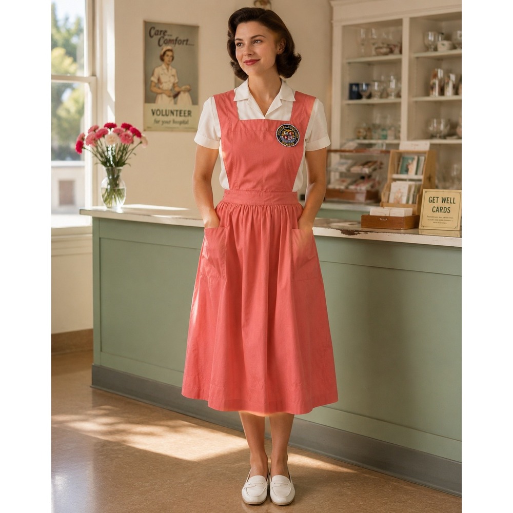 Vintage Hospital Auxiliary Volunteer Apron Dress Coral Pink Patch Pockets Midi